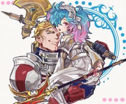 Rule 34 | 1boy, 1girl, arthur (fire emblem fates), axe, blonde hair, blue hair, fire emblem, fire emblem fates, fisheep, green eyes, holding, holding axe, holding lance, holding polearm, holding weapon, lance, looking at viewer, medium hair, multicolored hair, nintendo, peri (fire emblem), pink hair, polearm, red eyes, two-tone hair, upper body, weapon