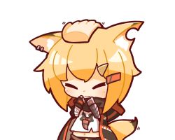 Rule 34 | 1girl, animal ears, arknights, bandaged arm, bandages, black gloves, blonde hair, blush, cape, chibi, closed eyes, closed mouth, ear piercing, fang, fingerless gloves, fox ears, fox girl, fox tail, gloves, hair ornament, hairclip, headpat, hood, hood down, hooded cape, jewelry, necklace, notched ear, nuu (nu-nyu), piercing, shirt, simple background, skin fang, solo focus, tail, tooth necklace, vermeil (arknights), white background, white shirt