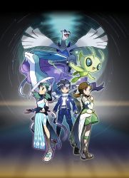 Rule 34 | 1boy, 2girls, :o, absurdres, black hair, blue flower, blue jacket, blue pants, brown hair, celebi, clenched hand, creatures (company), detached sleeves, ethan (pokemon), ethan (sygna suit) (pokemon), eyelashes, feet, flipped hair, flower, game freak, gen 2 pokemon, goggles, goggles on head, green eyes, green hair, hair flower, hair ornament, hand up, high heel sandals, high heels, highres, jacket, kneepits, kris (pokemon), kris (sygna suit) (pokemon), legendary pokemon, long hair, looking up, lugia, lyra (pokemon), lyra (sygna suit) (pokemon), multiple girls, mythical pokemon, nintendo, non-web source, official alternate costume, official art, pants, pokemon, pokemon (creature), pokemon masters ex, sandals, scarf, shirt, short hair, sparkle, standing, suicune, twintails, white footwear, white scarf, white shirt
