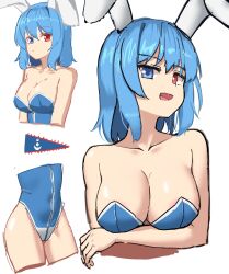 1girl absurdres allcy49 alternate_costume animal_ears areola_slip blue_eyes blue_hair blue_leotard breasts cleavage collarbone commentary_request heterochromia highres large_breasts leotard mongolian_flag multiple_views playboy_bunny rabbit_ears red_eyes short_hair simple_background solo tatara_kogasa touhou white_background