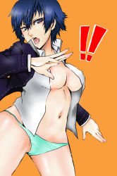 Rule 34 | !, !!, 1girl, akhm, all-out attack, androgynous, angry, atlus, blue eyes, blue hair, blue panties, breasts, crossdressing, female focus, fighting stance, hair between eyes, highres, jacket, large breasts, legs, long sleeves, matching hair/eyes, navel, open mouth, panties, persona, persona 4, reverse trap, shirogane naoto, shirt, short hair, solo, tongue, underwear, white shirt