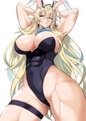 Rule 34 | 1girl, abs, animal ears, armpits, arms behind head, arms up, bare shoulders, biceps, black leotard, blonde hair, blue bow, blue bowtie, bow, bowtie, breasts, chinese zodiac, cleavage, covered navel, detached collar, barghest (fate), fake animal ears, fate/grand order, fate (series), female focus, green eyes, heterochromia, highleg, highleg leotard, highres, horns, kawabata yoshihiro, large breasts, leotard, long hair, looking at viewer, muscular, muscular female, playboy bunny, rabbit ears, red eyes, skindentation, solo, strapless, strapless leotard, thick thighs, thigh strap, thighs, very long hair, wrist cuffs, year of the rabbit