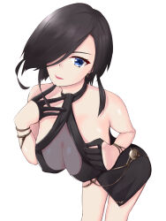 Rule 34 | 1girl, anchor earrings, animal ears, ark royal (azur lane), ark royal (guardian of the ball) (azur lane), azur lane, bare shoulders, black dress, black gloves, black hair, blue eyes, breasts, cleavage, cocktail dress, commentary request, dress, earrings, gloves, hair over one eye, half gloves, halter dress, halterneck, highres, jewelry, large breasts, leaning forward, official alternate costume, parted lips, red lips, see-through, see-through dress, simple background, solo, white background, zubi (skylinezb)