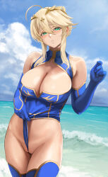 Rule 34 | 1girl, ahoge, artoria pendragon (fate), artoria pendragon (lancer) (fate), bare shoulders, beach, blonde hair, blue gloves, blue leotard, blue sky, blue thighhighs, blush, braid, breasts, cleavage, cleavage cutout, cleft of venus, clothing cutout, cloud, cowboy shot, crown, elbow gloves, fate/grand order, fate (series), french braid, frontal wedgie, gloves, gold trim, green eyes, hair between eyes, highres, large breasts, leotard, looking at viewer, outdoors, parted lips, shore, short hair with long locks, sidelocks, sky, solo, teeth, thighhighs, thighs, wedgie, yamaneko (tkdrumsco)