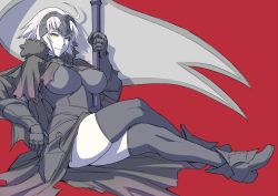 Rule 34 | 1girl, armor, armored dress, bad id, bad pixiv id, black dress, black gloves, black thighhighs, covered erect nipples, crossed legs, dress, fate/grand order, fate (series), flag, gloves, holding, holding flag, impossible clothes, jeanne d&#039;arc (fate), jeanne d&#039;arc alter (avenger) (fate), jeanne d&#039;arc alter (fate), mikoyan, smile, thighhighs, thighs, zettai ryouiki