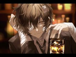 Rule 34 | 1boy, alcohol, bandage over one eye, bandaged arm, bandages, bar (place), black jacket, black necktie, brown eyes, brown hair, bungou stray dogs, commentary, cup, dazai osamu (bungou stray dogs), drinking glass, ice, ice cube, indoors, jacket, letterboxed, liquor, looking at viewer, male focus, necktie, nozz177, shirt, solo, symbol-only commentary, upper body, white shirt