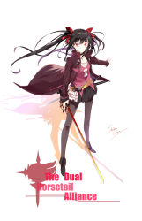 Rule 34 | 1girl, absurdres, artist name, black footwear, black hair, black pantyhose, black skirt, boots, bow, closed mouth, coat, floating hair, hair bow, highres, holding, holding sword, holding weapon, legs apart, long hair, long legs, looking at viewer, miniskirt, open clothes, open coat, original, outstretched arm, pantyhose, pleated skirt, red bow, red eyes, shadow, shingetsu mk, sidelocks, signature, skirt, solo, standing, sword, twintails, very long hair, vest, weapon