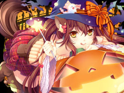 Rule 34 | 1girl, :q, animal ears, belt pouch, black thighhighs, blush, bow, brown hair, cat ears, cat tail, cocoa (cafe-hotcocoa), halloween, hat, jack-o&#039;-lantern, looking at viewer, orange eyes, original, plaid, plaid skirt, pouch, skirt, solo, star (symbol), tail, thighhighs, tongue, tongue out, twintails, wand, witch hat