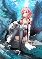 Rule 34 | 10s, 1girl, bare shoulders, black thighhighs, boots, breasts, cleavage, detached sleeves, guilty crown, high heels, highres, low twintails, machine, pink eyes, pink hair, realmbw, shoes, sitting, solo, thigh boots, thighhighs, twintails, yuzuriha inori