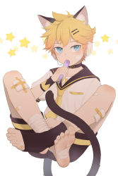 Rule 34 | 1boy, absurdres, animal ear fluff, animal ears, bandaged foot, bandages, bandaid, bandaid on foot, bandaid on leg, bare legs, barefoot, blonde hair, blue eyes, cat boy, cat ears, cat tail, choker, eating, feet, foot focus, full body, hair ornament, hairclip, highres, kagamine len, kemonomimi mode, looking at viewer, luye yuan, male focus, sailor collar, shorts, simple background, soles, solo, star (symbol), tail, toes, vocaloid, white background