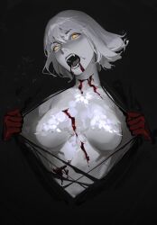 Rule 34 | 1girl, absurdres, black background, blood, body fur, breasts, dungeon meshi, falin touden, falin touden (chimera), feathers, highres, limart, medium breasts, open mouth, simple background, solo, upper body, white feathers, yellow eyes