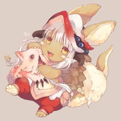 Rule 34 | 1girl, :3, :d, animal ears, bad id, bad pixiv id, beige background, blunt bangs, blush, creature, ears through headwear, furry, grey background, hat, hideko (l33l3b), horns, hug, long hair, looking at viewer, made in abyss, mitty (made in abyss), nanachi (made in abyss), open mouth, pants, pouch, red eyes, silver hair, simple background, smile, tail, topless, whiskers, yellow eyes