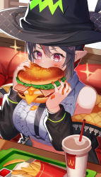 Rule 34 | + +, 1girl, absurdres, amahara subaru, bacon, black hair, black hat, black jacket, blush, burger, commentary request, crop top, cup, disposable cup, drinking straw, eating, fang, food, food in mouth, food on clothes, food on face, french fries, hair between eyes, hat, highres, holding, holding food, indie virtual youtuber, isonade orca, jacket, long sleeves, multicolored hair, nail polish, off shoulder, open clothes, open jacket, pointy ears, puffy long sleeves, puffy sleeves, red eyes, red hair, red nails, shirt, short hair, sidelocks, skin fang, solo, sparkle, streaked hair, tray, virtual youtuber, white shirt, witch hat
