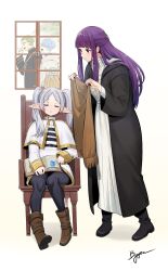 Rule 34 | 2girls, 3boys, black dress, black footwear, book, boots, brown footwear, chair, chen yang yang, closed eyes, commentary request, dress, eisen (sousou no frieren), elf, fern (sousou no frieren), flower, frieren, grey hair, heiter, highres, himmel (sousou no frieren), holding, holding book, holding flower, long hair, looking at another, multiple boys, multiple girls, on chair, parted lips, pointy ears, purple eyes, purple hair, sitting, sleeping, smile, sousou no frieren, standing, twintails, window