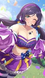 Rule 34 | 1girl, bare shoulders, birthday, breasts, cheerleader, cleavage, collarbone, copyright name, elbow gloves, gloves, green eyes, grin, headset, highres, holding, holding pom poms, large breasts, long hair, looking at viewer, love live!, love live! school idol project, low twintails, midriff, navel, pom pom (cheerleading), pom poms, pukonuu, purple hair, purple shirt, purple skirt, shirt, skirt, smile, solo, star tattoo, strapless, takaramonozu, tattoo, teeth, thighhighs, tojo nozomi, tube top, twintails
