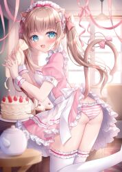 Rule 34 | 1girl, :d, animal ear fluff, animal ears, apron, ass, blue eyes, blurry, blurry background, blush, bow, breasts, brown hair, butt crack, cake, cat ears, cat girl, cat tail, commentary request, depth of field, dress, fang, food, food on face, frilled apron, frilled dress, frilled panties, frilled thighhighs, frills, fruit, hair bow, highres, holding, indoors, kohinata hoshimi, long hair, looking at viewer, looking to the side, maid, maid headdress, medium breasts, open mouth, original, panties, pastry bag, pink bow, pink dress, puffy short sleeves, puffy sleeves, short sleeves, smile, solo, standing, standing on one leg, strawberry, striped clothes, striped panties, sunlight, tail, tail bow, tail ornament, teapot, thighhighs, twintails, underwear, very long hair, white apron, white thighhighs, window, wooden floor, wrist cuffs