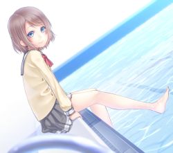 Rule 34 | 10s, 1girl, barefoot, blue eyes, bow, bowtie, brown hair, dutch angle, long sleeves, looking at viewer, love live!, love live! sunshine!!, noppi (noppi 98), pleated skirt, pool, red bow, red bowtie, school uniform, serafuku, short hair, sitting, skirt, smile, soaking feet, solo, watanabe you