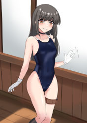 Rule 34 | 1girl, bare shoulders, black choker, black hair, blue one-piece swimsuit, breasts, brown eyes, choker, collarbone, commentary request, competition swimsuit, covered navel, feet out of frame, gloves, hayashio (kancolle), indoors, kantai collection, kneehighs, long hair, looking at viewer, one-piece swimsuit, parted lips, sasakura (calicchio), small breasts, socks, solo, swimsuit, walking, white gloves, wooden floor