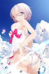Rule 34 | 1girl, adjusting clothes, ass, bare shoulders, black-framed eyewear, blurry, bow, breasts, cloud, cloudy sky, commentary request, cowboy shot, day, depth of field, dress, fate/grand order, fate (series), glasses, hair over one eye, highres, lens flare, light purple hair, looking at viewer, looking back, machimura komori, mash kyrielight, mash kyrielight (swimsuit of perpetual summer), medium breasts, official alternate costume, outdoors, panties, pink bow, purple eyes, short hair, sky, solo, sparkle, standing, underwear, upskirt, water drop, wet, white dress, white panties