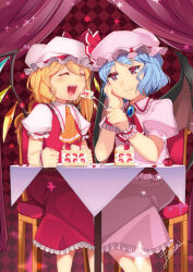 Rule 34 | 2girls, ascot, bat wings, blonde hair, blue brooch, blue hair, brooch, cake, chair, checkered background, closed mouth, collared shirt, crystal, facing another, feeding, feet out of frame, flandre scarlet, food, fork, frilled shirt collar, frilled skirt, frilled sleeves, frills, fruit, hand on own cheek, hand on own face, happy, hat, hat ribbon, holding, holding fork, indoors, jewelry, light smile, looking at another, matsumoto-san, mob cap, multicolored wings, multiple girls, nail polish, on chair, open mouth, pink curtains, pink hat, pink shirt, pink skirt, plate, puffy short sleeves, puffy sleeves, red ascot, red eyes, red nails, red ribbon, red skirt, red vest, remilia scarlet, ribbon, shirt, short sleeves, siblings, signature, sisters, skirt, skirt set, strawberry, strawberry shortcake, table, tablecloth, touhou, vest, white hat, white shirt, wings, wooden chair, wrist cuffs, yellow ascot