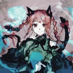 Rule 34 | 1girl, animal ears, black bow, black bowtie, bow, bowtie, braid, cat ears, cat tail, closed mouth, detached sleeves, dress, fangs, green dress, hair bow, hand up, heinrich (fernanderuddle), highres, hitodama, kaenbyou rin, long hair, long sleeves, looking at viewer, multiple tails, nekomata, red bow, red eyes, red hair, sidelocks, smile, solo, tail, tail bow, tail ornament, touhou, twin braids, two tails, upper body