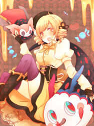 Rule 34 | 10s, 1girl, bad id, bad pixiv id, beret, blonde hair, boots, breast press, breasts, candy, charlotte (madoka magica), corset, detached sleeves, drill hair, fingerless gloves, food, food on face, gayoushi, gloves, hair ornament, hat, large breasts, magical girl, mahou shoujo madoka magica, mahou shoujo madoka magica (anime), monster, open mouth, pekikokko, puffy sleeves, skirt, striped clothes, striped thighhighs, thighhighs, tomoe mami, twintails, vertical-striped clothes, vertical-striped thighhighs, yellow eyes