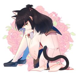 Rule 34 | 1girl, animal ear fluff, animal ears, azur lane, black footwear, black hair, black sailor collar, black skirt, cat ears, cat girl, cat tail, closed mouth, coat, flower, from side, highres, knees up, long sleeves, looking at viewer, looking to the side, pink coat, red flower, red rose, red wristband, rose, sailor collar, sitting, skirt, smile, solo, tail, thighhighs, white thighhighs, wide sleeves, wristband, yellow eyes, yukichi (eikichi), yuugure (azur lane)