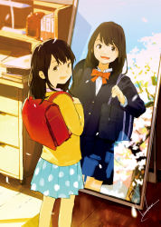 Rule 34 | 2girls, age comparison, backpack, bag, blazer, book, bow, bowtie, brown eyes, brown hair, cherry blossoms, commentary, desk, different reflection, dual persona, highres, jacket, long hair, looking at viewer, looking back, loundraw, mirror, multiple girls, original, polka dot, polka dot skirt, reflection, school bag, school uniform, signature, skirt, sunlight, wooden floor