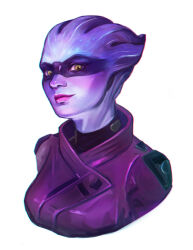Rule 34 | 1girl, absurdres, alien, asari (mass effect), colored skin, green eyes, highres, jacket, jzxl, looking at viewer, mass effect: andromeda, mass effect (series), pelessaria b&#039;sayle, pink lips, purple jacket, purple skin, simple background, solo, upper body, white background