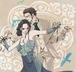 1boy 1girl bird black_hair blue_dress blue_necktie commentary_request dancing dress earrings facial_hair formal goatee hair_bun hand_tattoo highres jewelry kuromitsu_(erup8438) necktie nico_robin one_piece shirt short_hair sideburns signature smile striped_clothes striped_shirt suit sweatdrop tattoo trafalgar_law vertical-striped_clothes vertical-striped_shirt vest waistcoat