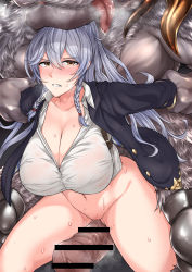 Rule 34 | 1girl, animal, bestiality, blush, bottomless, braid, breasts, censored, cleavage, coat, commission, furry, furry male, furry with non-furry, granblue fantasy, huge penis, imminent penetration, imminent rape, interspecies, large breasts, large penis, long hair, monster, navel, okasira (superkurounmo), penis, pixiv commission, silva (granblue fantasy), silver hair, sweat, tagme, yellow eyes