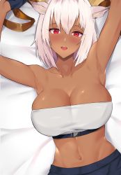 Rule 34 | 1girl, :d, absurdres, animal ears, arknights, armpits, arms up, bed sheet, black gloves, blush, breasts, carnelian (arknights), cleavage, collarbone, cowboy shot, dark-skinned female, dark skin, gloves, goat ears, goat girl, goat horns, highres, horns, large breasts, looking at viewer, lying, navel, on back, on bed, open mouth, red eyes, rika (akarika057), short hair, smile, solo, stomach, strapless, tube top, white hair