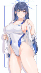 Rule 34 | 1girl, alternate costume, bare shoulders, blue archive, blue eyes, blue hair, blush, breasts, cleavage, collarbone, competition swimsuit, covered navel, cowboy shot, dark blue hair, fangxiang cuoluan, groin, halo, highleg, highleg swimsuit, highres, large breasts, long hair, long sleeves, looking at viewer, no mask, off shoulder, one-piece swimsuit, open clothes, open mouth, parted lips, saori (blue archive), shirt, simple background, smile, solo, standing, swimsuit, thighs, very long hair, white background, white shirt