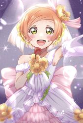 Rule 34 | 1girl, bare shoulders, blush, bouquet, dress, earrings, facing viewer, flower, gloves, hair flower, hair ornament, highres, holding, holding microphone, hoshizora rin, jewelry, looking at viewer, love live!, love live! school idol project, love wing bell, microphone, off-shoulder dress, off shoulder, open mouth, orange hair, osono (jpku7757), short hair, smile, solo, teeth, upper teeth only, veil, white dress, white gloves, yellow eyes