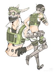 Rule 34 | 1boy, absurdres, animal ears, animification, apex legends, arm strap, arm tattoo, black gloves, black headwear, black shirt, cable, cropped shirt, full body, gloves, goggles, green hair, highres, kemonomimi mode, male focus, mask, mechanical legs, midriff, mouth mask, multiple views, navel, octane (apex legends), rabbit boy, rabbit ears, rabbit tail, shirt, shorts, sleeveless, sleeveless shirt, song tan shui, tail, tattoo, upper body, white background, white shirt, white shorts