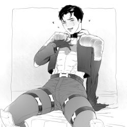 Rule 34 | 1boy, black hair, character request, gloves, kiricloud, male focus, monochrome, naughty face, scar, sitting, smile, solo, tagme