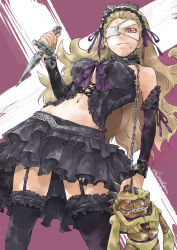 Rule 34 | 1girl, anlucea, bare shoulders, black thighhighs, blonde hair, breasts, detached sleeves, dragon quest, dragon quest x, eyepatch, from below, garter straps, himiko (326ontheweb), holding, holding knife, knife, long hair, looking at viewer, mole, mole under mouth, navel, red eyes, skirt, smile, solo, thighhighs