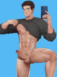 Rule 34 | 1boy, abs, bara, black hair, black shirt, bottomless, closed mouth, clothes lift, erection, highres, holding, holding phone, large pectorals, leg up, lifting own clothes, looking at phone, male focus, male pubic hair, muscular, muscular male, naked shirt, naoki (xhju8282), navel, nipples, nude, original, pectorals, penis, phone, pubic hair, shirt, shirt lift, short hair, solo, thighs