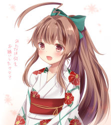 Rule 34 | 10s, 1girl, ahoge, bad id, bad pixiv id, blush, bow, brown eyes, brown hair, eyebrows, fang, floral print, flower, green bow, hair bow, hair flower, hair ornament, huge ahoge, japanese clothes, kantai collection, kimono, kuma (kancolle), large bow, long hair, long sleeves, looking afar, masayo (gin no ame), open mouth, ponytail, sash, sidelocks, simple background, smile, solo, text focus, translated, upper body, very long hair, white background