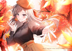 Rule 34 | 1girl, :d, album cover, artist name, autumn, autumn leaves, belt, beret, black shirt, bloom, blurry, blurry background, blush, breasts, commentary, cover, depth of field, dutch angle, earrings, falling leaves, fingernails, floating hair, grey hair, hand up, hat, high-waist skirt, high belt, holding, holding leaf, jewelry, kagachi saku, leaf, leaf earrings, long hair, long sleeves, looking at viewer, maple leaf, maple tree, medium breasts, nail polish, open hand, open mouth, orange belt, orange hat, original, pinky out, puffy long sleeves, puffy sleeves, purple eyes, reaching, reaching towards viewer, red nails, shirt, skirt, smile, solo, spread fingers, tree, upper body, watermark, web address, yellow skirt