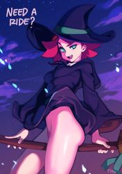 Rule 34 | 1girl, amanda o&#039;neill, ass, blue eyes, boots, bottomless, breasts, broom, broom riding, cloud, english text, female pubic hair, flipped hair, flying, hat, holding, holding broom, hood, hood down, knee boots, little witch academia, long sleeves, looking at viewer, luna nova school uniform, naughty face, night, open mouth, optionaltypo, outdoors, pubic hair, purple hat, red hair, school uniform, short hair, sky, small breasts, solo, thighs, wind, witch, witch hat