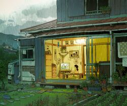 1girl absurdres alariko building grass highres house original plant potted_plant rain scenery shadow sliding_doors solo television watching_television wind_chime window