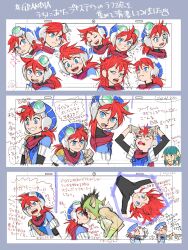Rule 34 | 1girl, 2boys, blue eyes, brown hair, closed mouth, expressions, feena (grandia), gloves, goggles, grandia, grandia i, green hair, hair tubes, hat, highres, hontani toshiaki, justin (grandia), long hair, looking at viewer, male focus, messy hair, multiple boys, open mouth, pointy ears, rapp (grandia), red hair, simple background, smile, white background