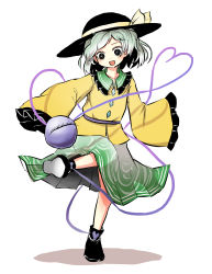Rule 34 | 1girl, boots, frilled shirt collar, frilled skirt, frilled sleeves, frills, green hair, green skirt, hat, hat ribbon, heart, heart of string, highres, komeiji koishi, long sleeves, open mouth, peroponesosu., ribbon, shirt, short hair, simple background, skirt, sleeves past wrists, solo, third eye, touhou, white background, wide sleeves, yellow ribbon, yellow shirt