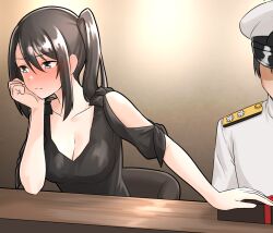 1boy 1girl admiral_(kancolle) arm_support averting_eyes black_dress blush box breasts brown_background brown_hair chair cleavage clothing_cutout collarbone commentary_request dress furaggu_(frag_0416) gift gift_box grey_hair hair_between_eyes hat head_rest indoors kantai_collection long_sleeves medium_breasts military_uniform nachi_(kancolle) naval_dress_uniform naval_uniform nose_blush peaked_cap pout red_ribbon ribbon shirt short_sleeves shoulder_boards shoulder_cutout side_ponytail sidelocks sitting solo_focus table upper_body valentine white_hat white_shirt