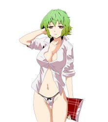 Rule 34 | 1girl, bad id, bad pixiv id, bottomless, breasts, cleavage, female focus, green hair, highres, kazami yuuka, large breasts, mosamosa, mosamosa1110, navel, no pants, panties, pillow, plaid, red eyes, shirt, short hair, simple background, sleeves pushed up, solo, thigh gap, touhou, underwear, white background
