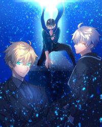 Rule 34 | 3boys, arthur pendragon (fate), arthur pendragon alter (fate), artoria pendragon (all), artoria pendragon (fate), bad id, bad twitter id, baseball cap, blonde hair, blue background, blue eyes, blue scarf, covered mouth, fate/grand order, fate/prototype, fate/zero, fate (series), formal, genderswap, genderswap (ftm), hat, highres, jacket, looking at viewer, looking back, male focus, multiple boys, mysterious heroine x (fate), pentarou (2233456), rojiura satsuki: chapter heroine sanctuary, saber (fate), saber alter, scarf, simple background, suit, sword, track jacket, upper body, weapon, white hair, yellow eyes