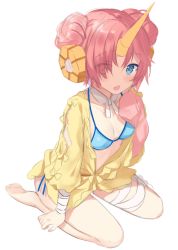 Rule 34 | 1girl, asymmetrical sleeves, bandaged arm, bandaged leg, bandages, bare legs, barefoot, bikini, blue bikini, blue eyes, blush, breasts, collarbone, commentary, double bun, english commentary, eyes visible through hair, fate/grand order, fate (series), frankenstein&#039;s monster (fate), frankenstein&#039;s monster (swimsuit saber) (fate), frankenstein&#039;s monster (swimsuit saber) (first ascension) (fate), hair bun, hair over one eye, hand up, heterochromia, hitsukuya, horns, jacket, long sleeves, looking at viewer, parted lips, pink hair, side-tie bikini bottom, side bun, simple background, sitting, sketch, sleeves past fingers, sleeves past wrists, small breasts, soles, solo, swimsuit, uneven sleeves, wariza, white background, yellow eyes, yellow jacket