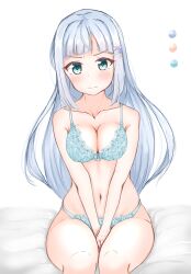 Rule 34 | 1girl, aqua bra, aqua eyes, bare arms, between legs, blunt bangs, blush, bow, bow bra, bra, breasts, chibi chosu, cleavage, closed mouth, collarbone, eyelashes, feet out of frame, floral print, hair ornament, hairclip, hand between legs, highres, idolmaster, idolmaster million live!, lace, lace-trimmed bra, lace trim, legs together, long hair, looking at viewer, medium breasts, navel, on bed, panties, shiraishi tsumugi, sidelocks, sitting, solo, underwear, underwear only, v-shaped eyebrows, wavy mouth