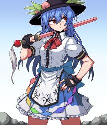 Rule 34 | black hat, blue hair, breasts, formicid, hat, hinanawi tenshi, holding, holding sword, holding weapon, long hair, red eyes, small breasts, sword, sword of hisou, touhou, weapon